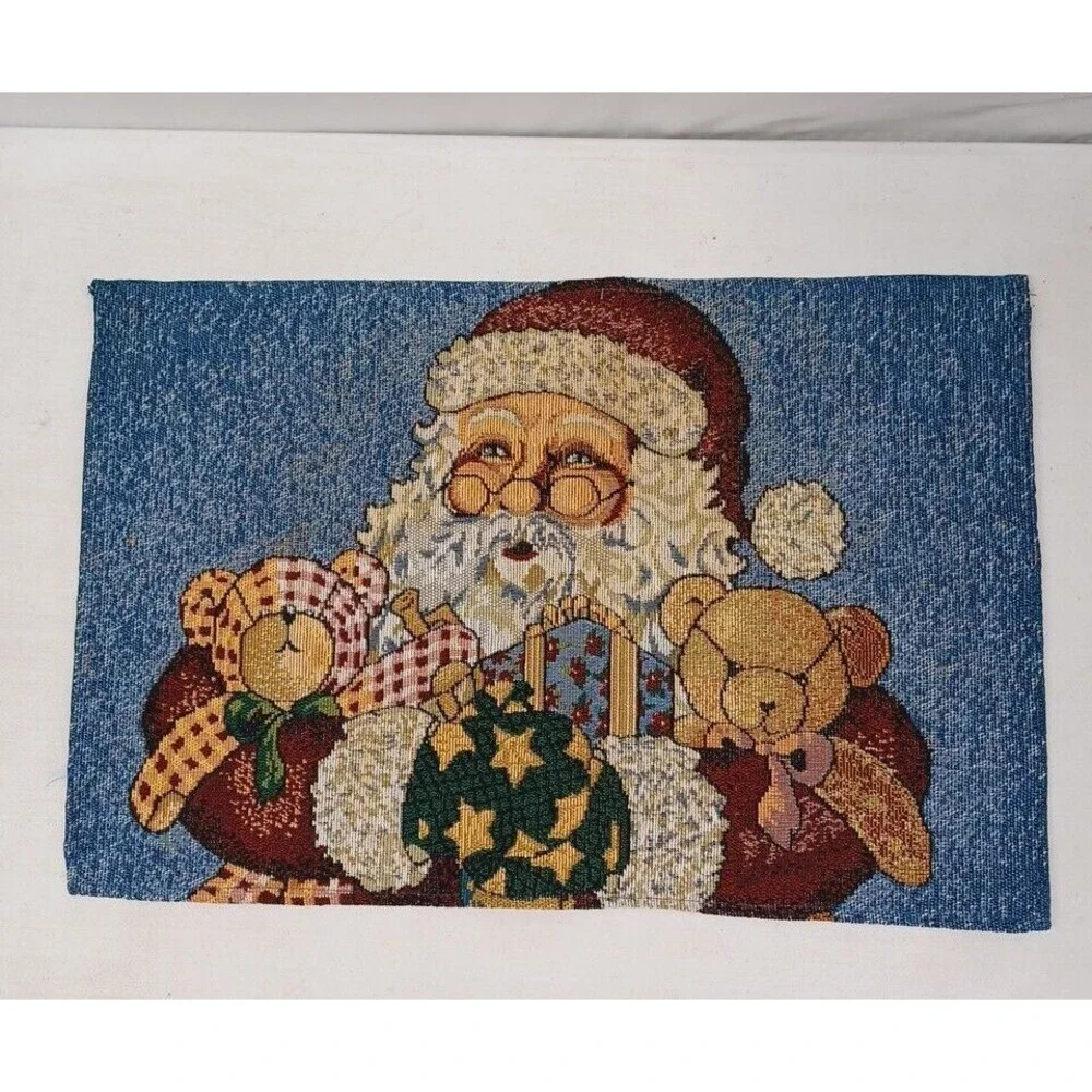 Vtg Christmas Santa Claus Teddy Bear Woven Tapestry Placemats Set of 4